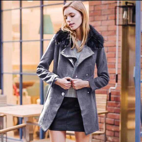 NWT Genuine Raccoon Fur Collar Wool Gray Coat Raccoon Fur Removable - Picture 1 of 16